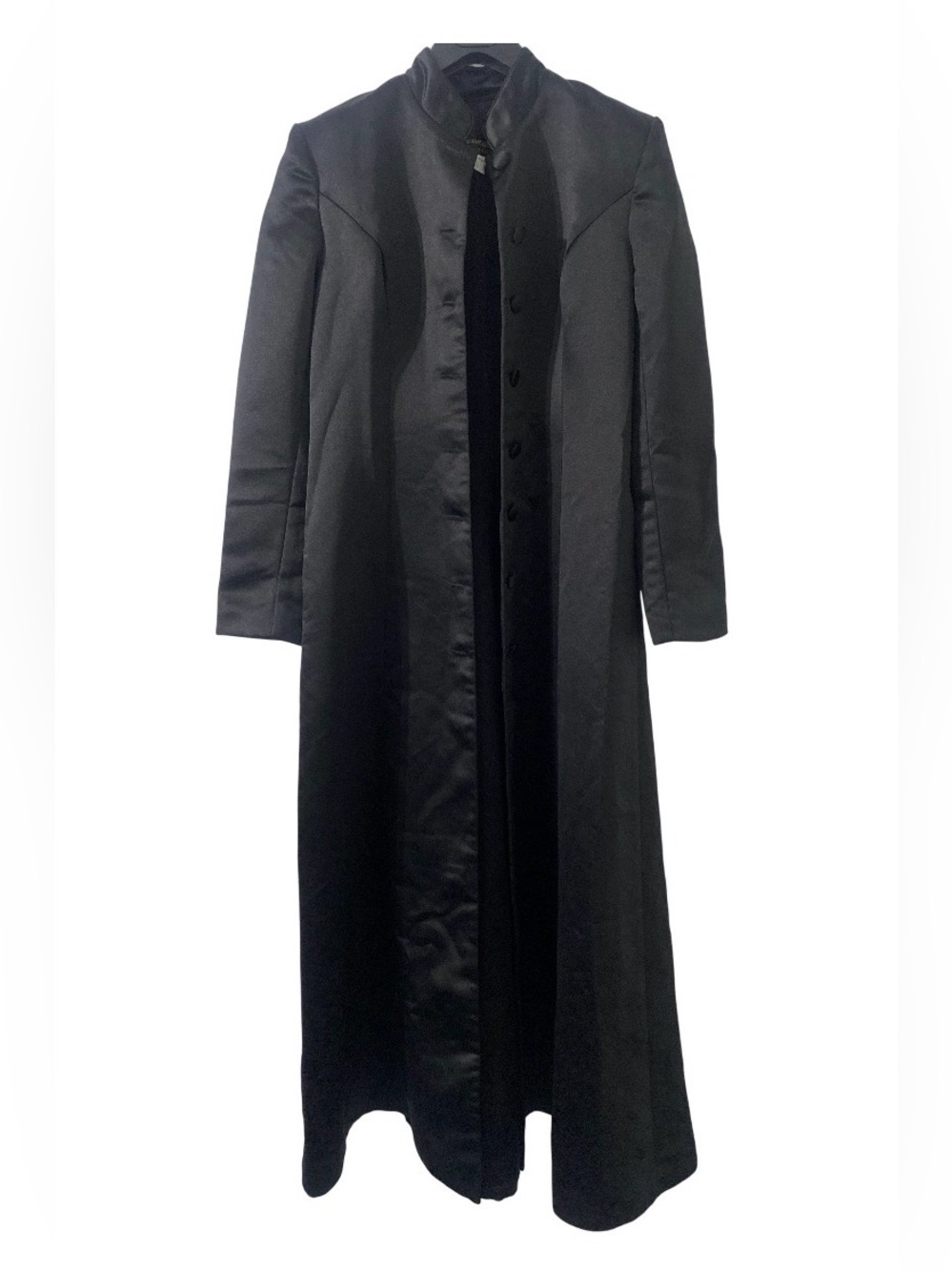 Jessica McClintock Satin Long Black Button-Front Maxi Coat